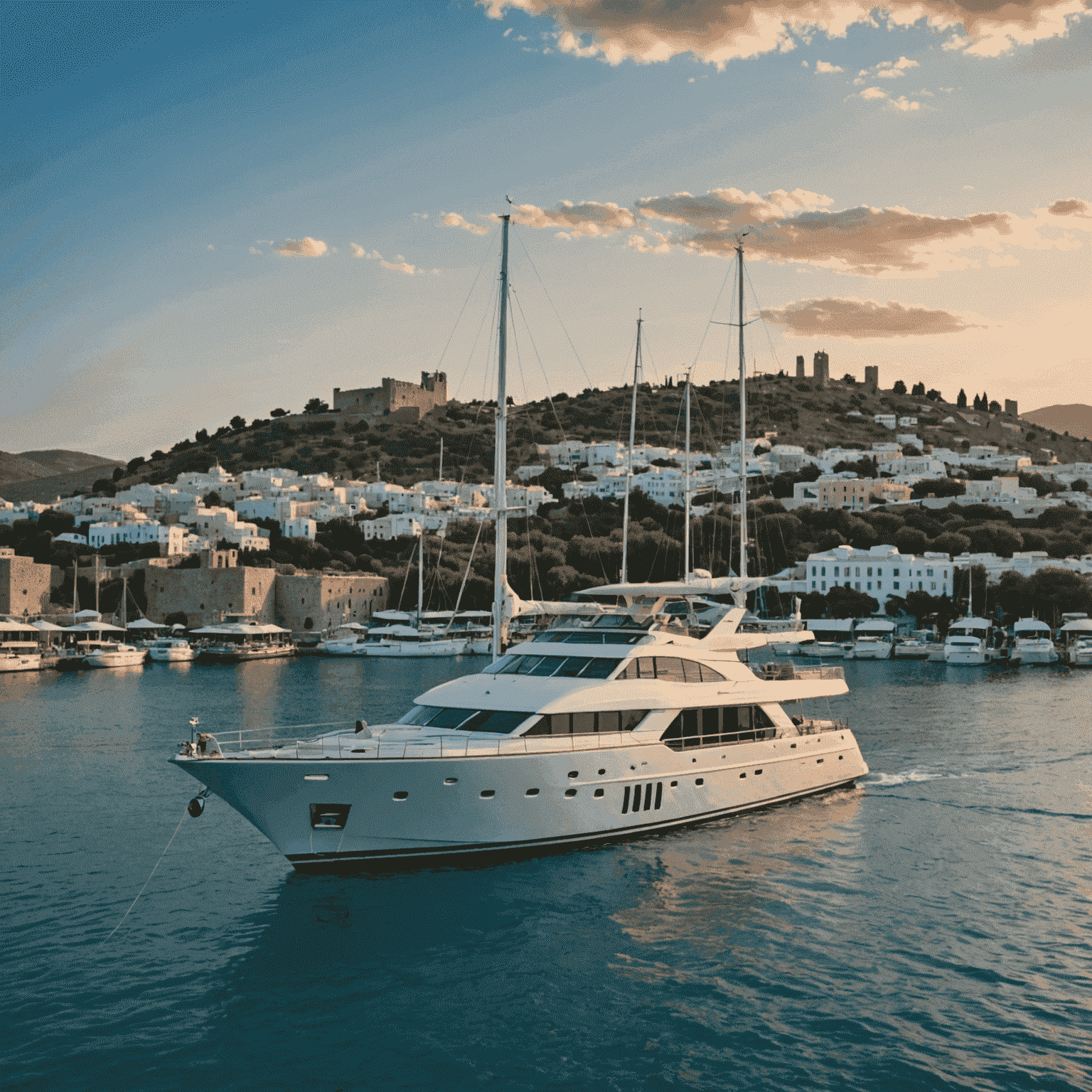 Bodrum Marina'da gün batımında lüks bir yat, arka planda tarihi Bodrum Kalesi ve turkuaz deniz manzarası
