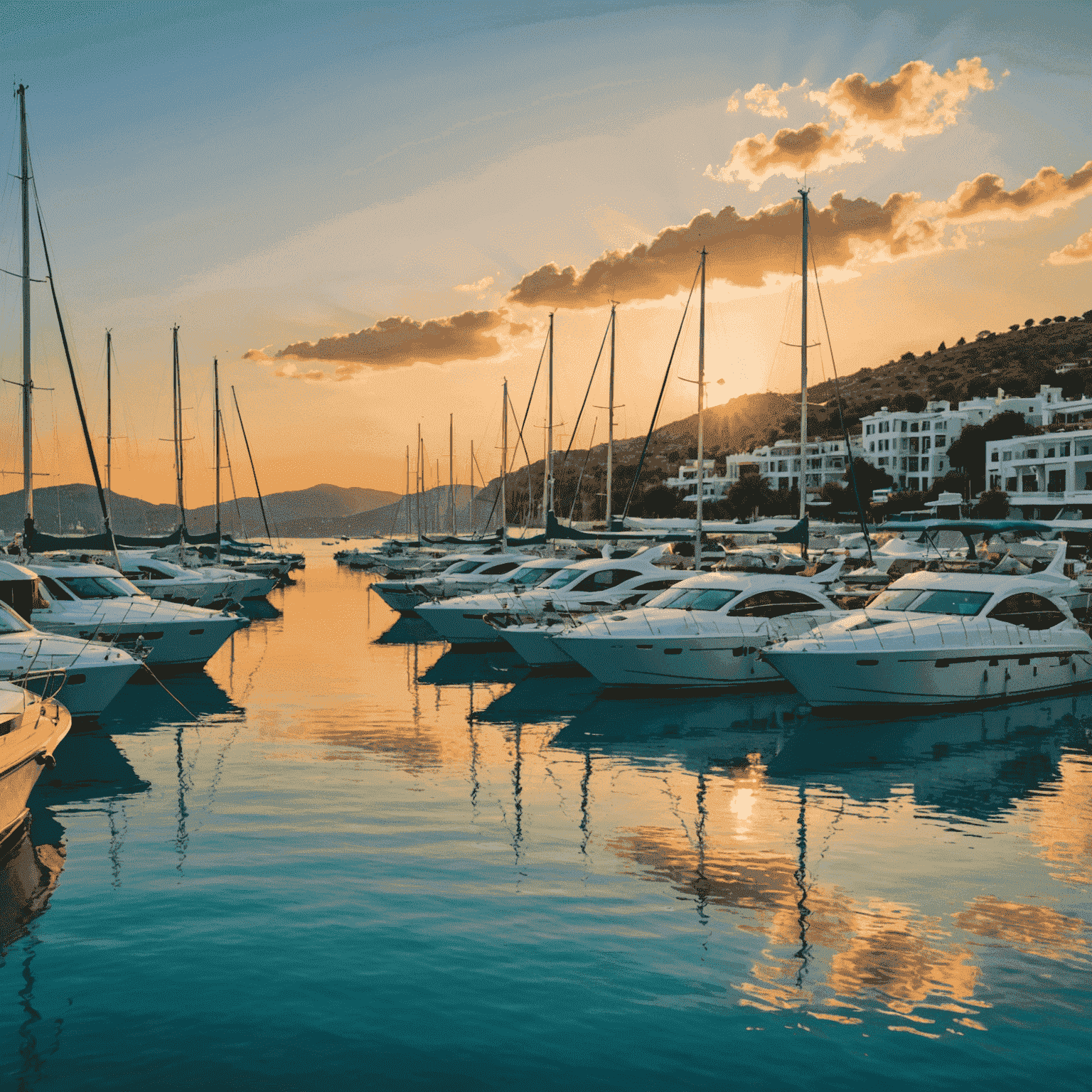 Bodrum Marina'da günbatımında lüks yatlar, arka planda turkuaz deniz ve altın rengi gökyüzü