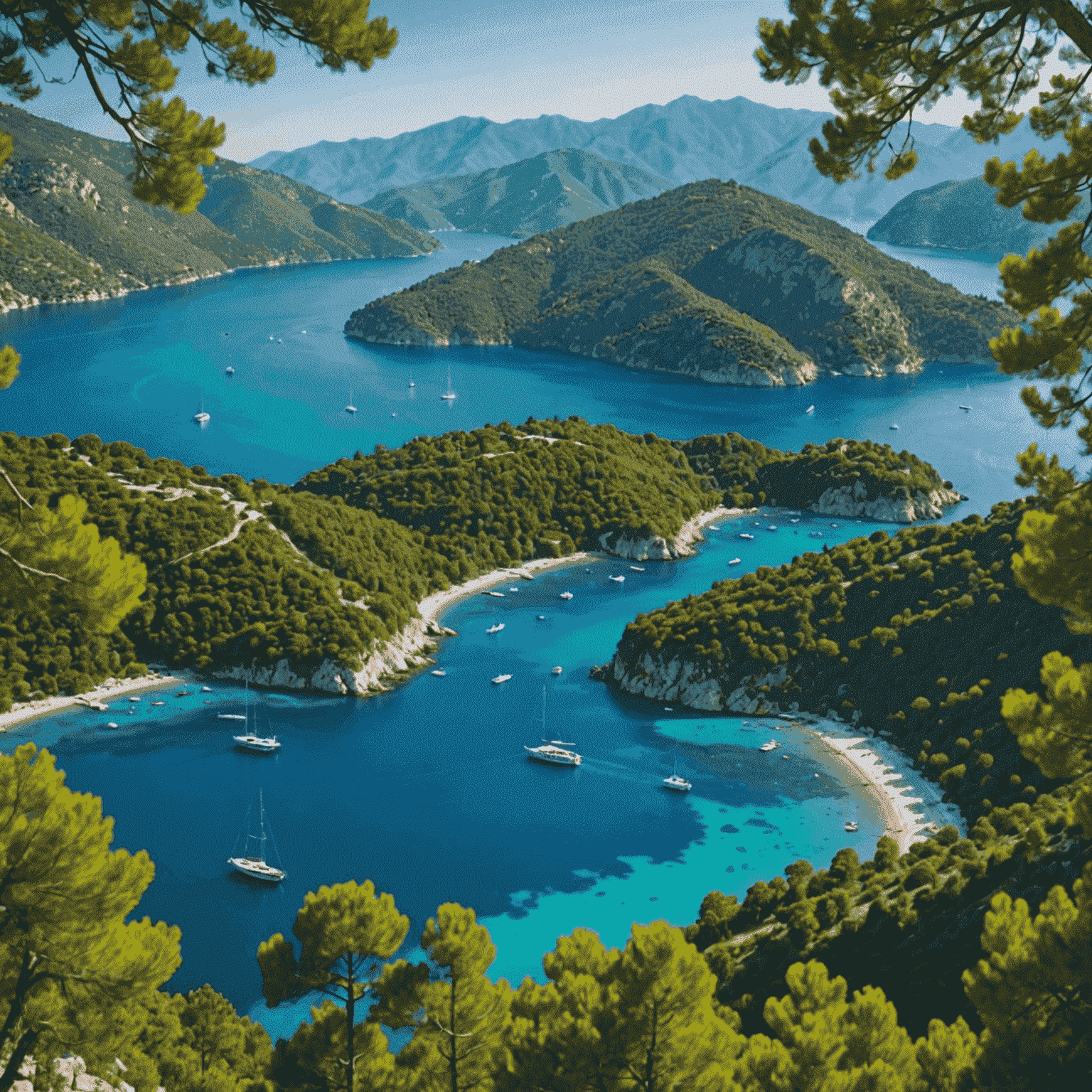 Göcek koylarının muhteşem manzarası, turkuaz sular ve yeşil tepeler