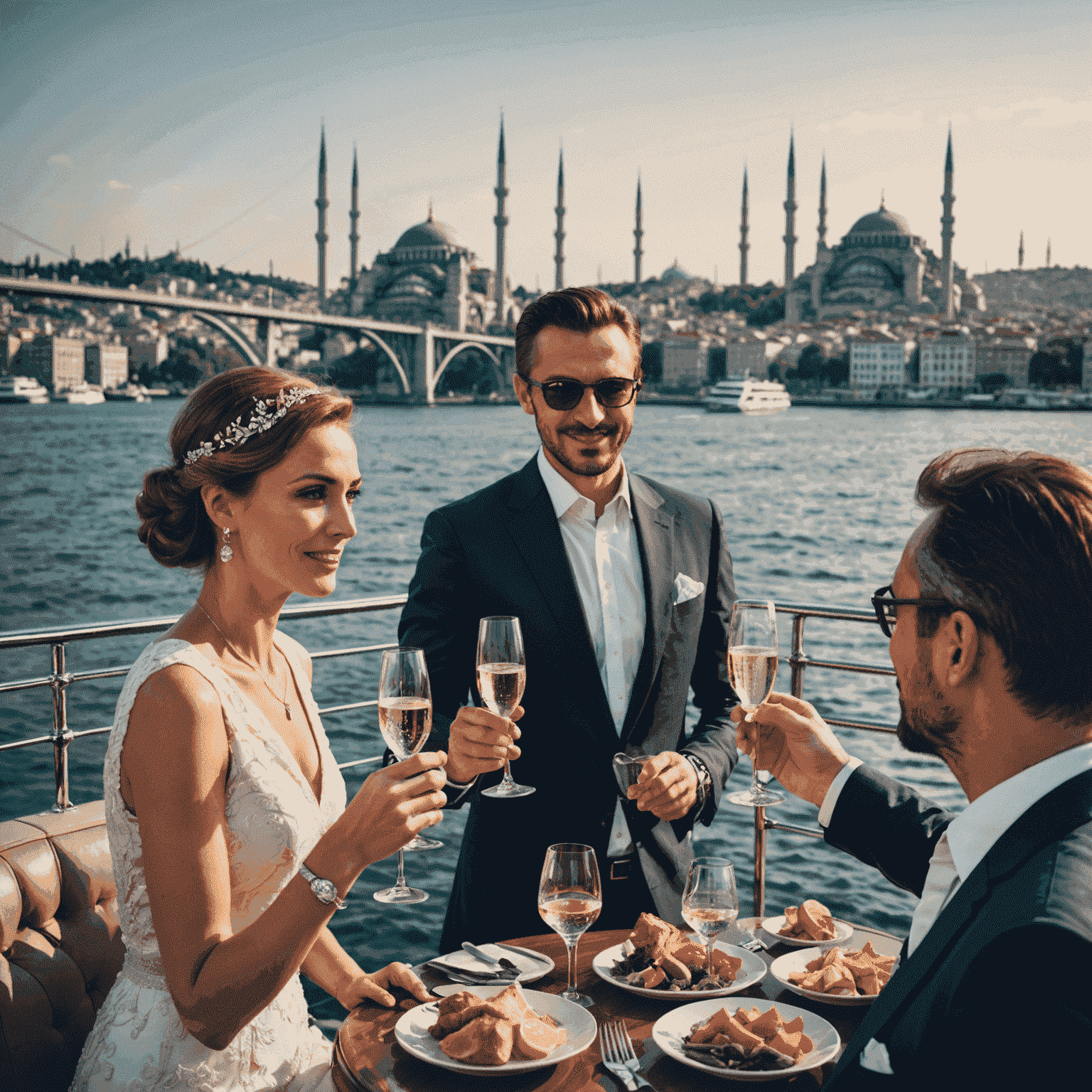 Lüks bir yatta, İstanbul silueti önünde şık giyimli insanların şampanya kadehleriyle kutlama yapması. Arka planda Boğaz Köprüsü ve tarihi camiler görünüyor.