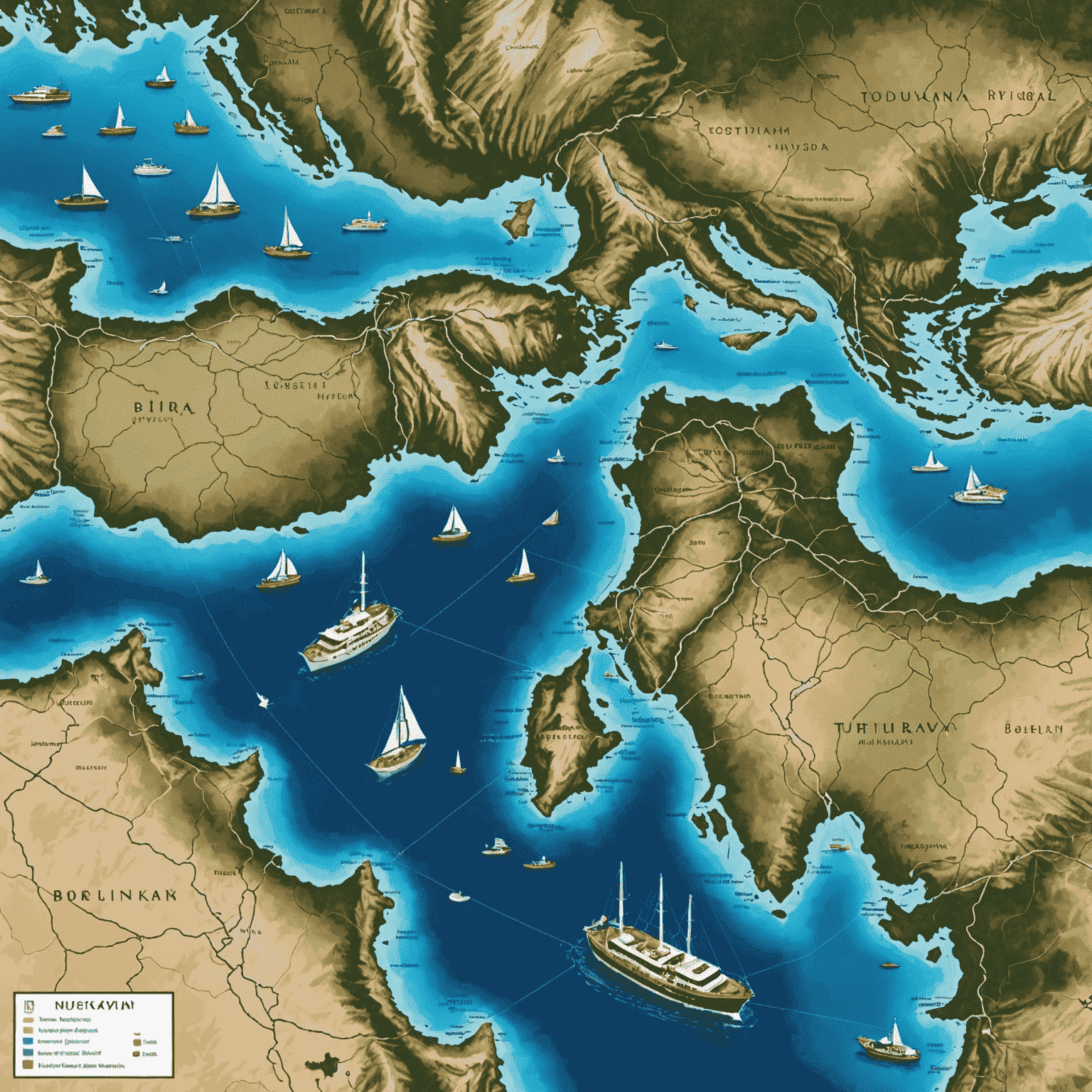 Türk Rivierası'nın haritası üzerinde popüler yat rotaları işaretlenmiş. Bodrum, Göcek, Fethiye ve Antalya gibi önemli noktalar vurgulanmış.