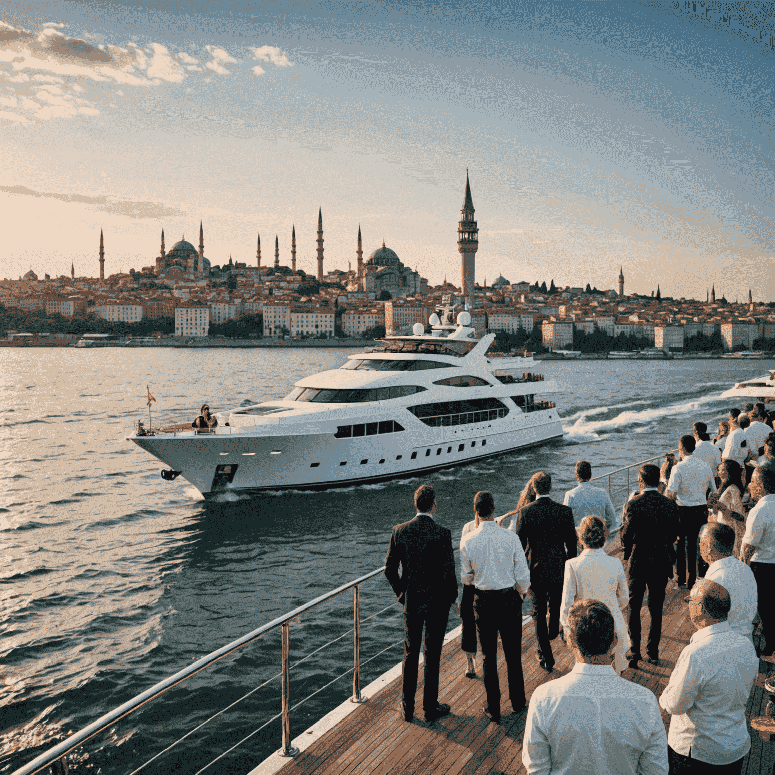 Gün batımında Boğaz'da seyreden lüks bir yat. Arka planda Kız Kulesi ve İstanbul silueti görünüyor. Yatın güvertesinde şık giyimli insanlar keyifli vakit geçiriyor.