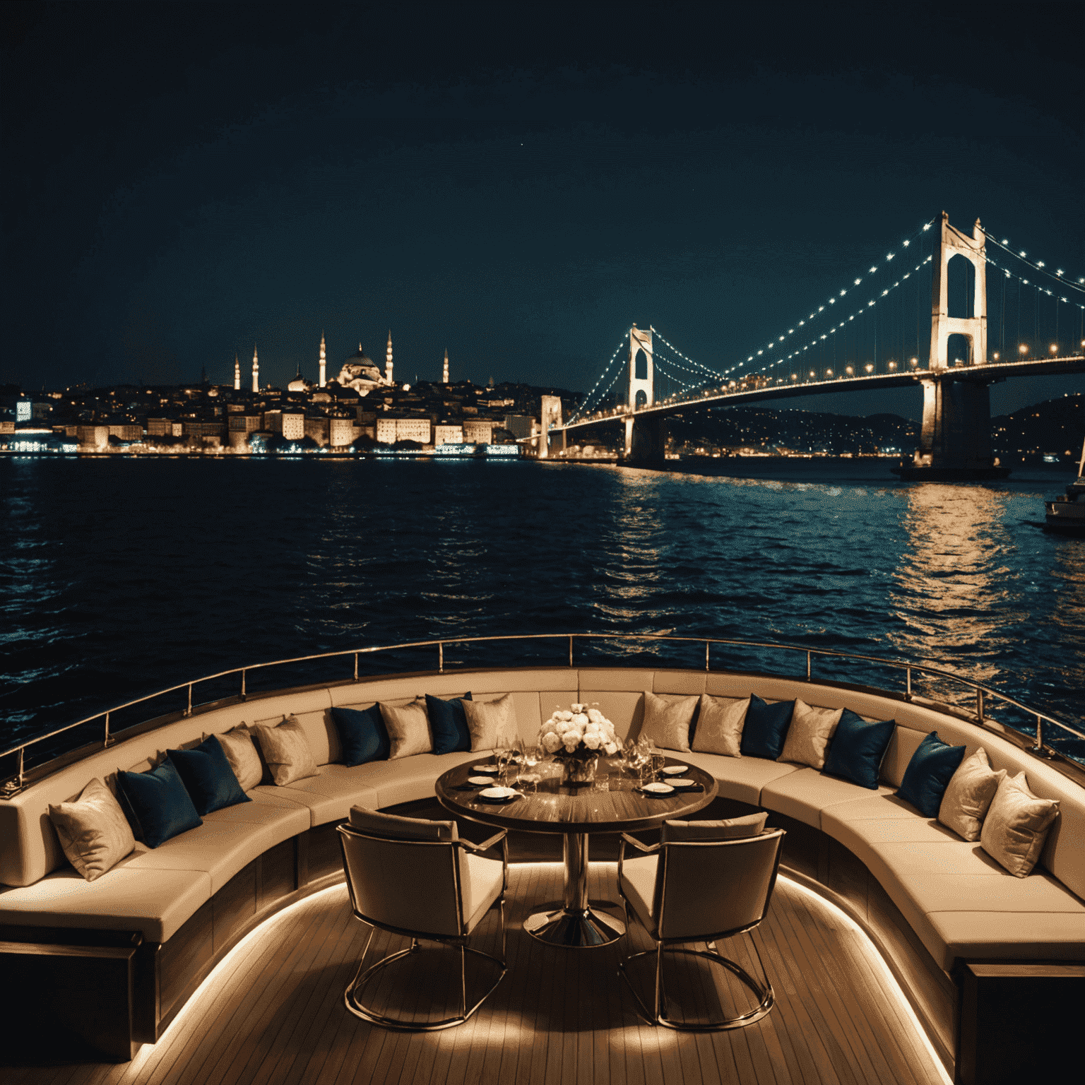 İstanbul Boğazı'nda lüks yatta VIP etkinlik, gece manzarası ve şehir ışıkları