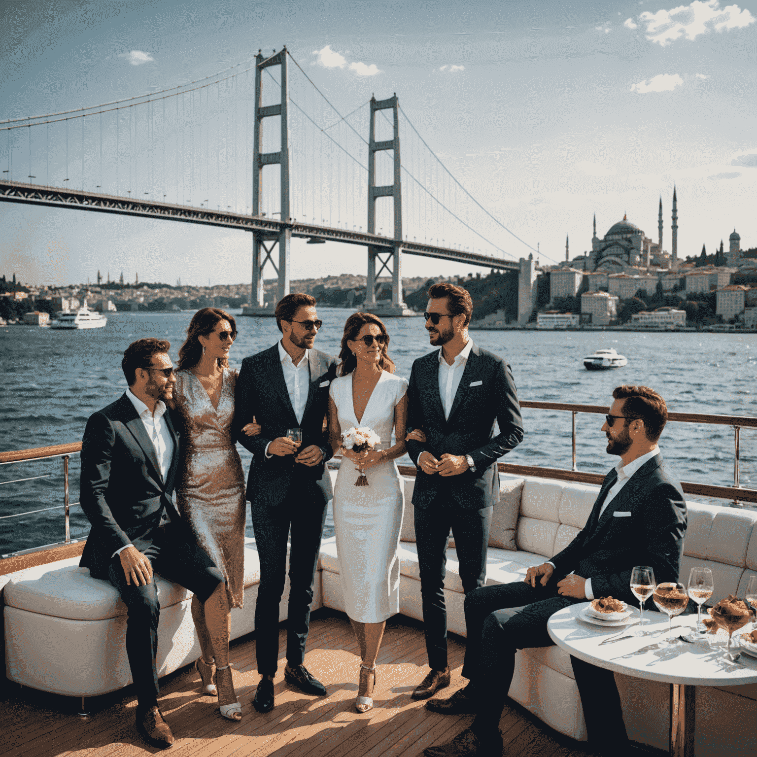 Boğaz'da VIP etkinlik, lüks bir yatta şık giyimli insanlar, arka planda İstanbul silueti ve Boğaz Köprüsü